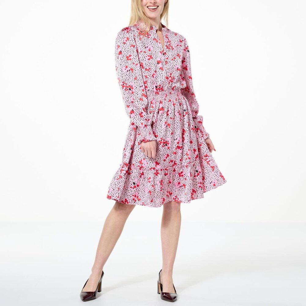 C Wonder 1X Washed Satin Puff Sleeve Tiered Dress Scattered Hearts Kiss Pink NWT